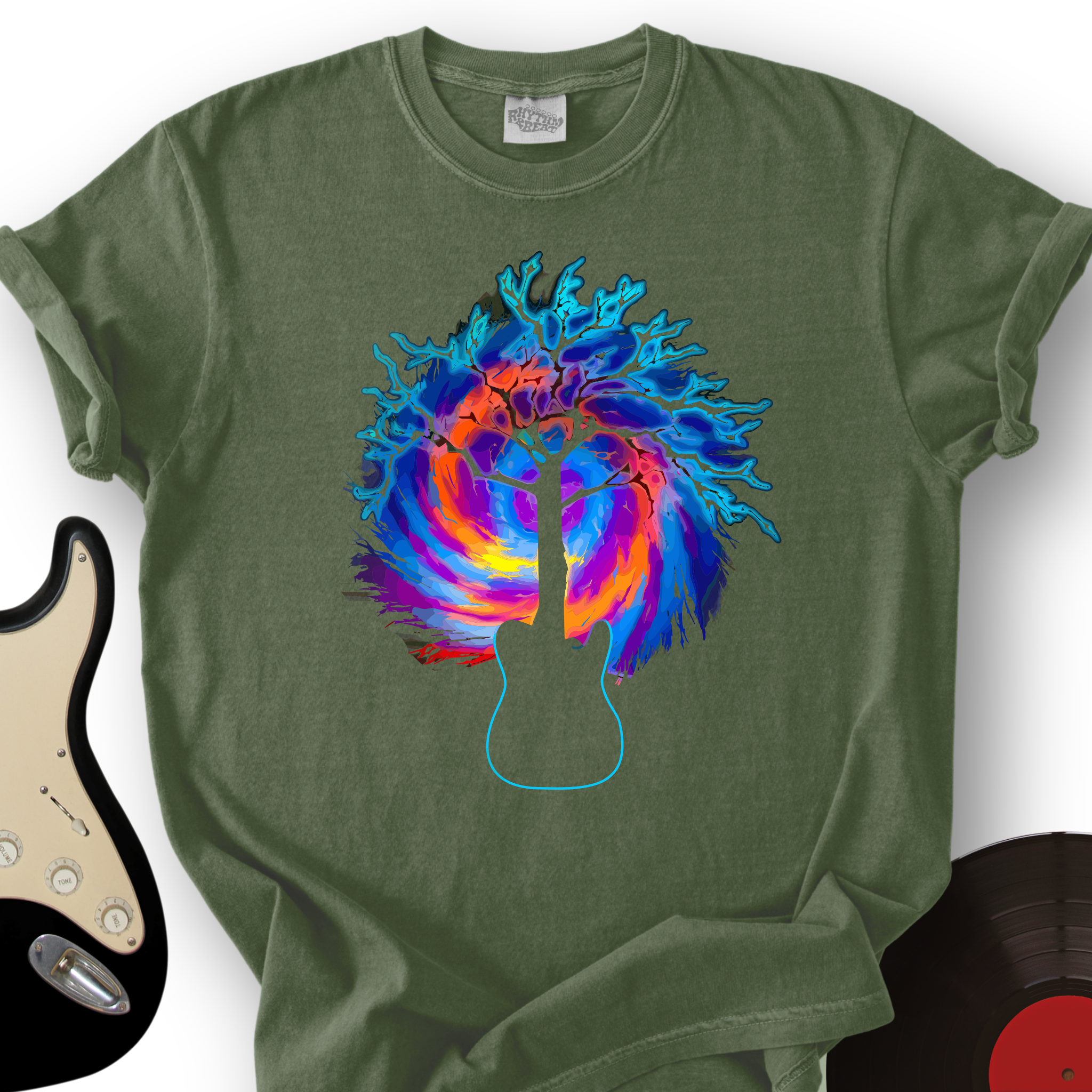 705_PsychedelicTreeGuitar_T ShirtMockups_MilitaryGreen_9660f8d7 47aa 4994 b461 fa9ed8d1cde9