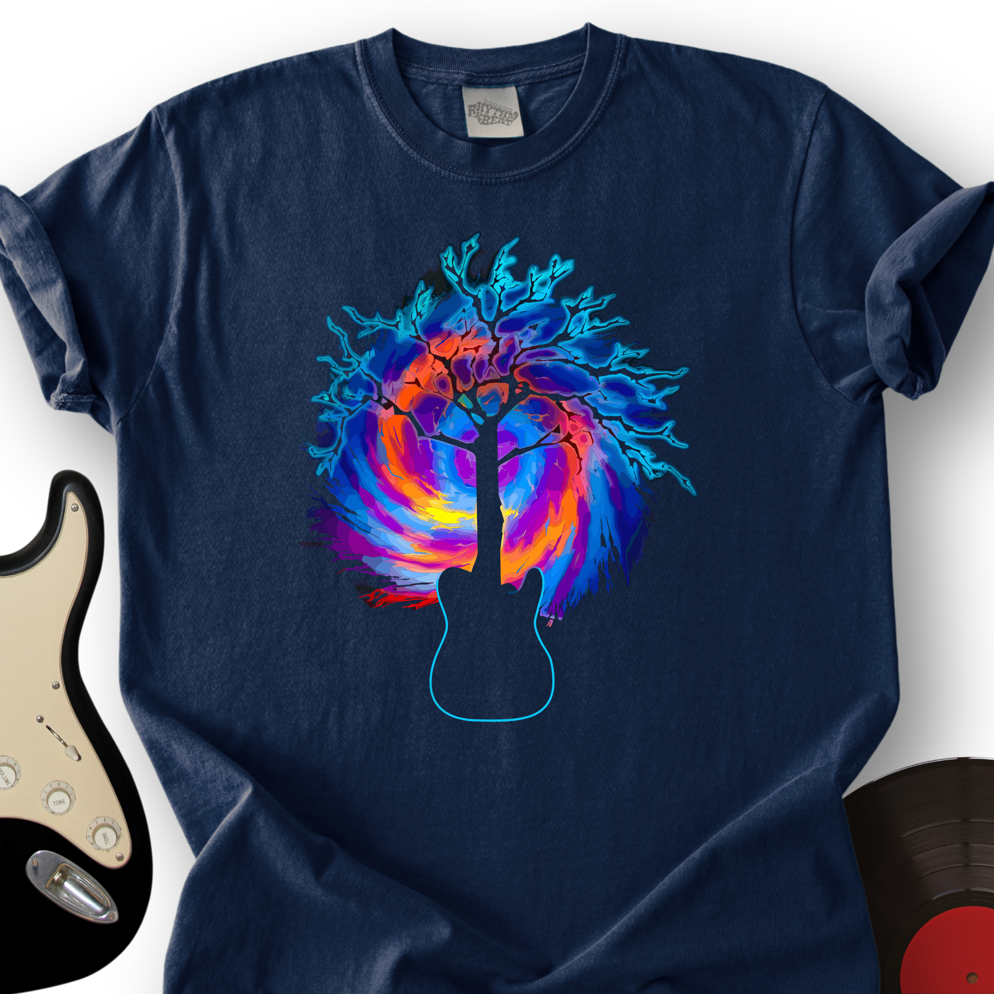 705_PsychedelicTreeGuitar_T ShirtMockups_Navy